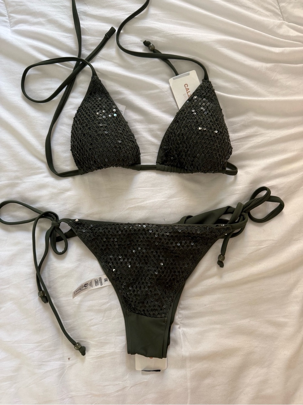 NWT REVOLVE X Calzedonia Sequin Triangle Bikini Set in Olive Green
